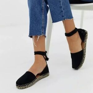 Toms Black Ankle-Tie Espadrilles with Woven Sole